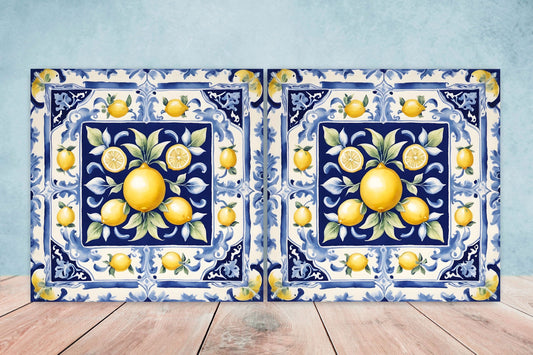 Italian Majolica Lemon Tiles - Set of 2 Italian Wall Decor Tiles - Kitchen Backsplash Tiles, Table Decorative Tiles, Bathroom Tiles, Coaster