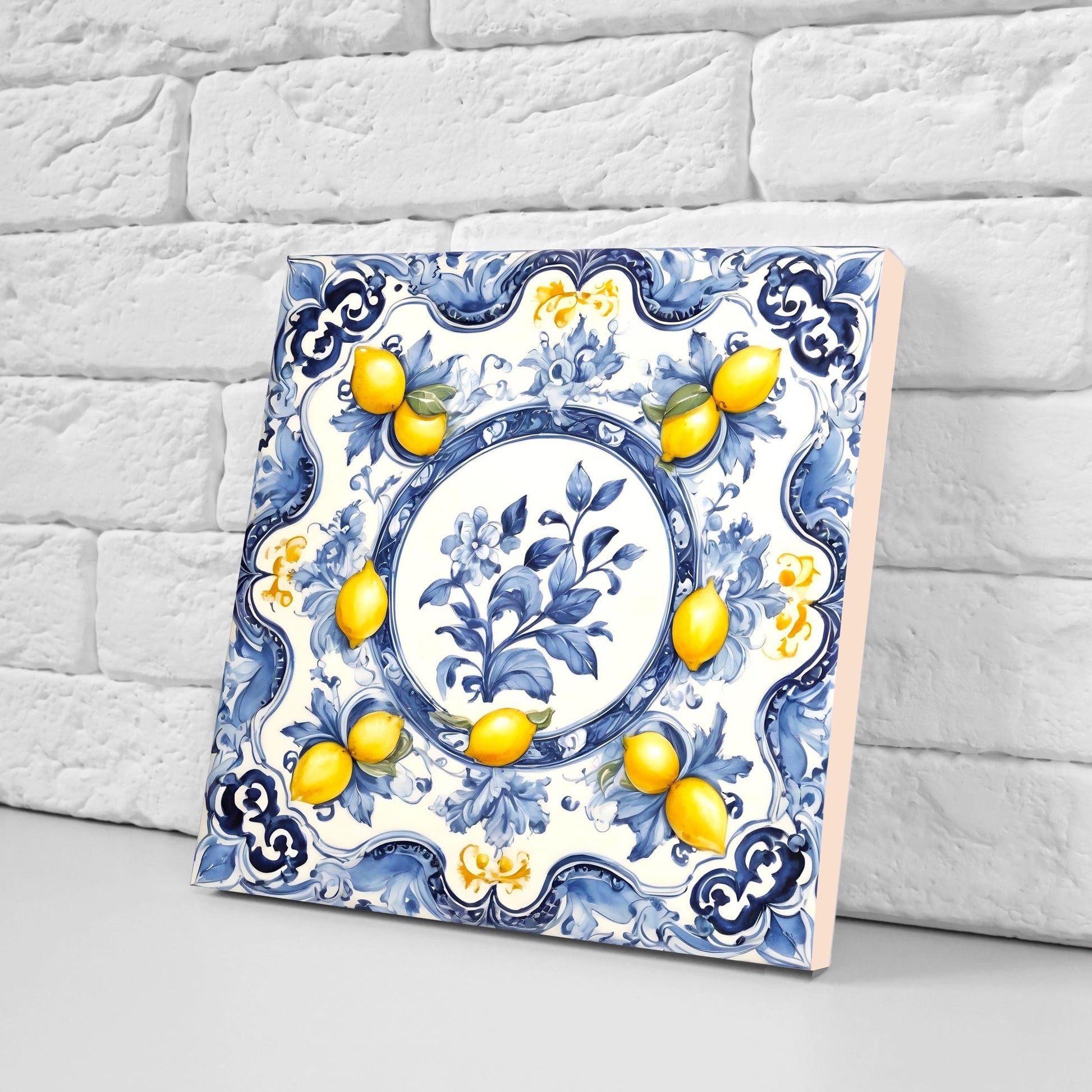 Italian Majolica Lemon Tiles - Set of 2 Italian Wall Decor Tiles - Kitchen Backsplash Tiles, Table Decorative Tiles, Bathroom Tiles, Coaster