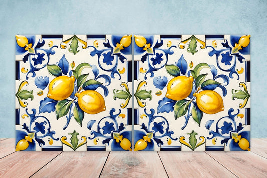Italian Majolica Lemon Tiles - Set of 2 Italian Wall Decor Tiles - Kitchen Backsplash Tiles, Table Decorative Tiles, Bathroom Tiles, Coaster
