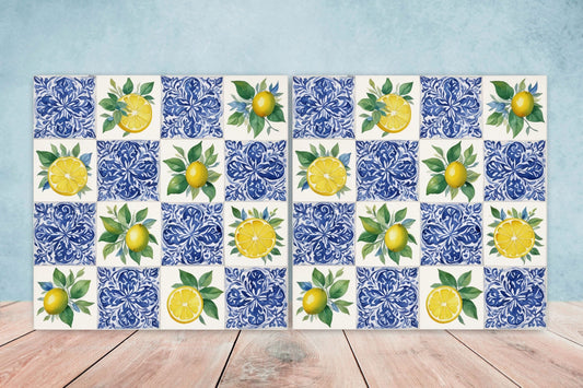 Italian Majolica Lemon Tiles - Set of 2 Italian Wall Decor Tiles - Kitchen Backsplash Tiles, Table Decorative Tiles, Bathroom Tiles, Coaster
