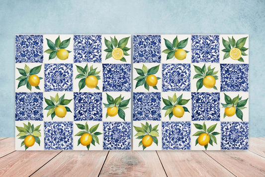 Italian Majolica Lemon Tiles - Set of 2 Italian Wall Decor Tiles - Kitchen Backsplash Tiles, Table Decorative Tiles, Bathroom Tiles, Coaster