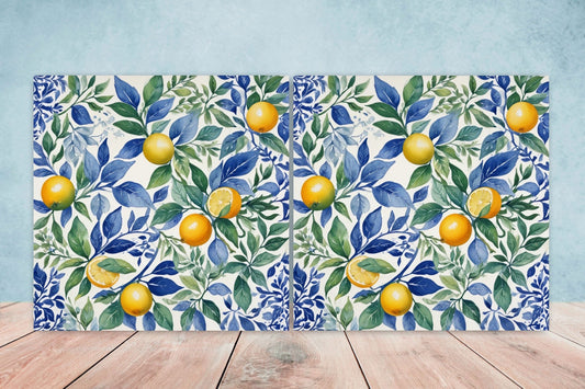 Italian Majolica Lemon Tiles - Set of 2 Italian Wall Decor Tiles - Kitchen Backsplash Tiles, Table Decorative Tiles, Bathroom Tiles, Coaster