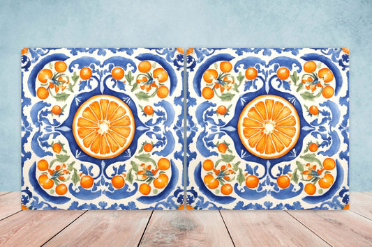Italian Majolica Orange Tiles- Set of 2 Italian Wall Decor Tiles - Kitchen Backsplash Tiles, Table Decorative Tiles, Bathroom Tiles, Coaster