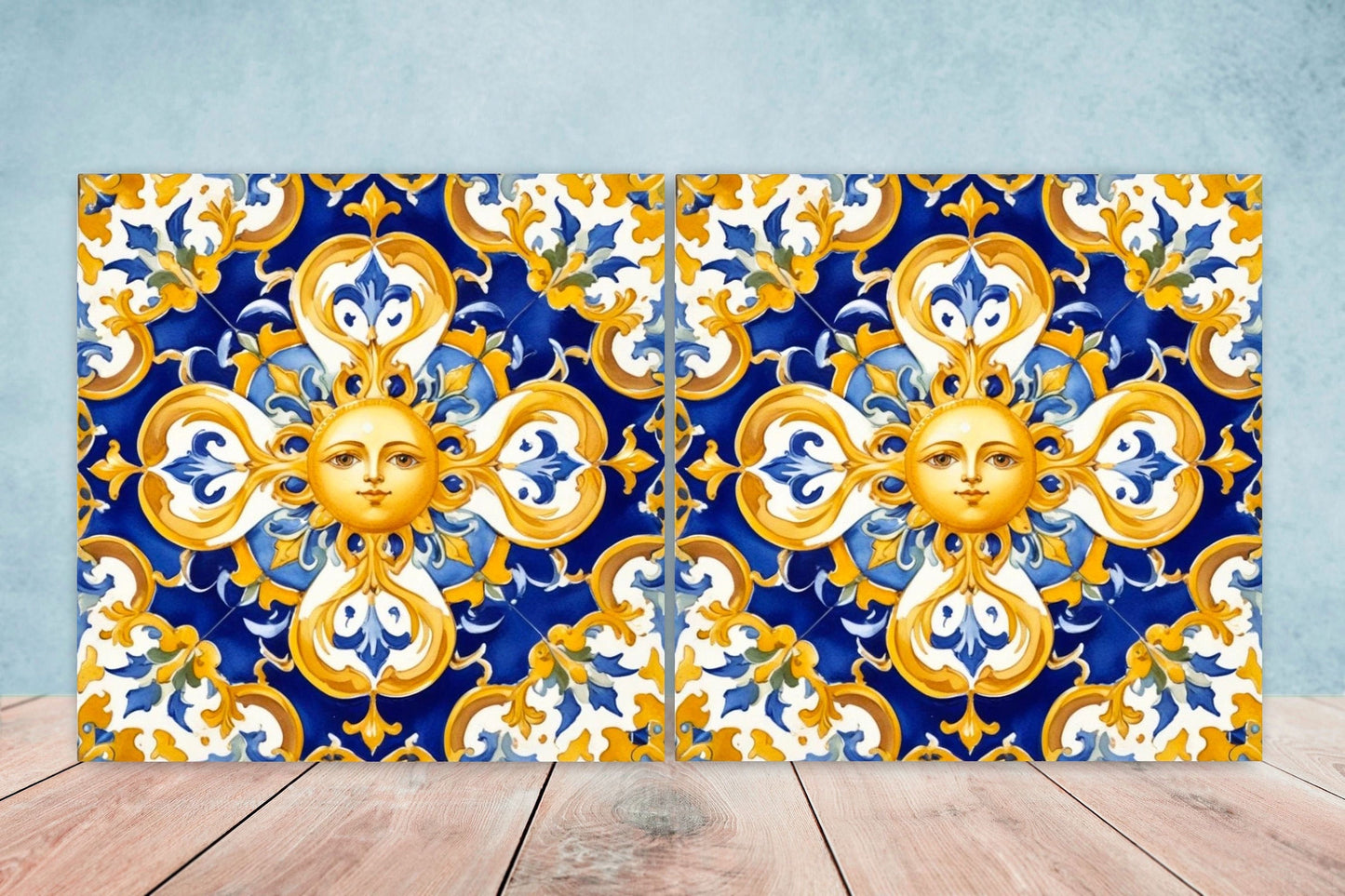 Italian Majolica Sun Tiles - Set of 2 Italian Wall Decor Tiles - Kitchen Backsplash Tiles, Table Decorative Tiles, Bathroom Tiles, Coaster