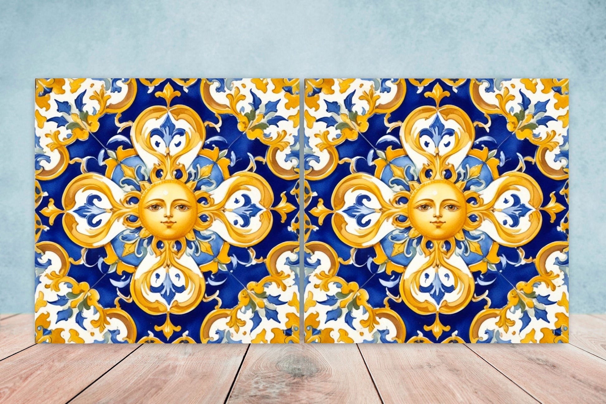 Italian Majolica Sun Tiles - Set of 2 Italian Wall Decor Tiles - Kitchen Backsplash Tiles, Table Decorative Tiles, Bathroom Tiles, Coaster