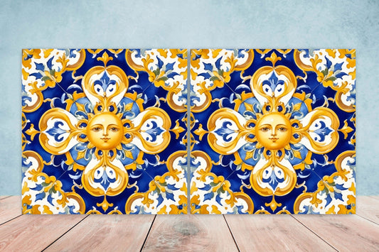 Italian Majolica Sun Tiles - Set of 2 Italian Wall Decor Tiles - Kitchen Backsplash Tiles, Table Decorative Tiles, Bathroom Tiles, Coaster