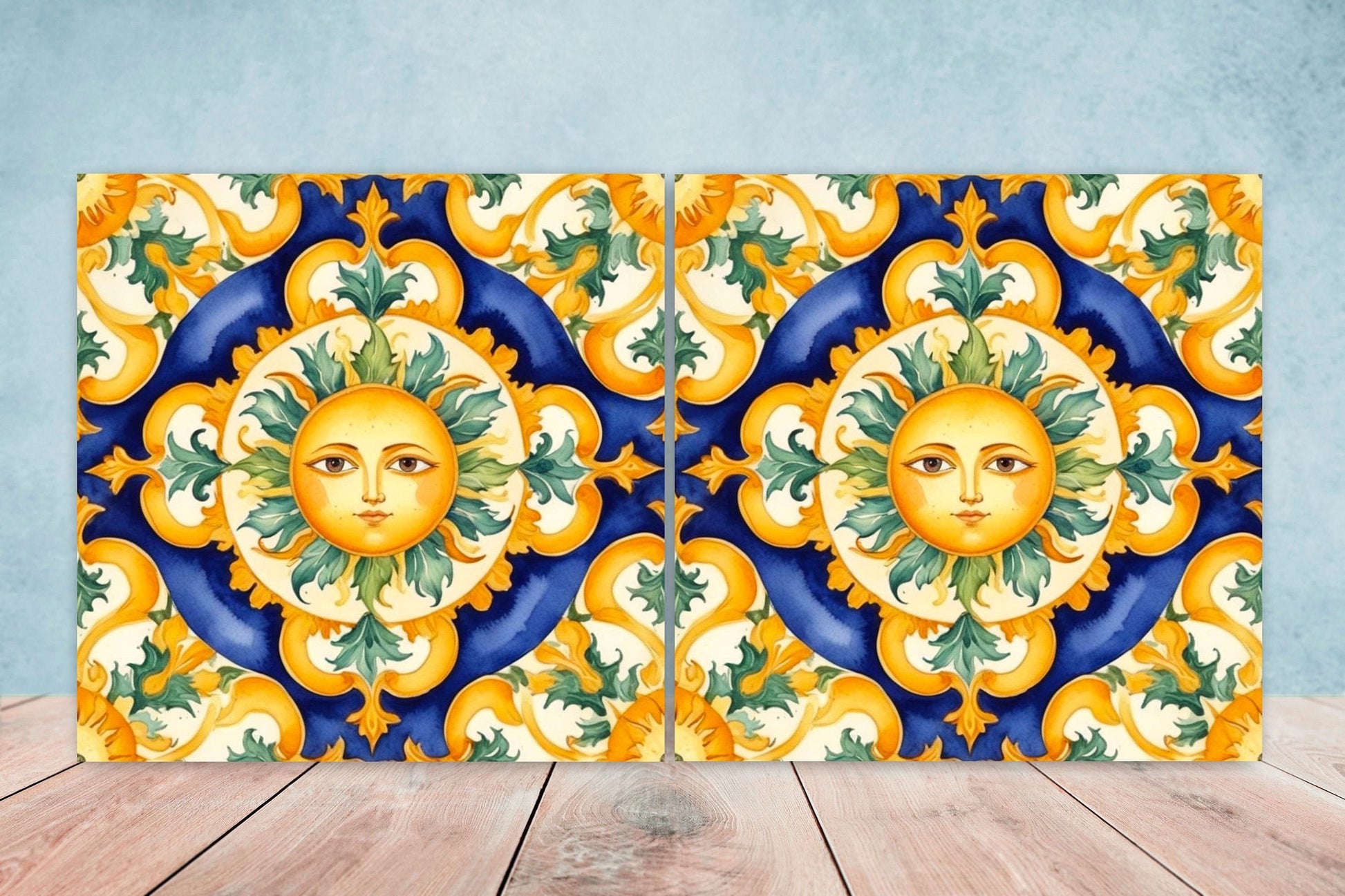 Italian Majolica Sun Tiles - Set of 2 Italian Wall Decor Tiles - Kitchen Backsplash Tiles, Table Decorative Tiles, Bathroom Tiles, Coaster