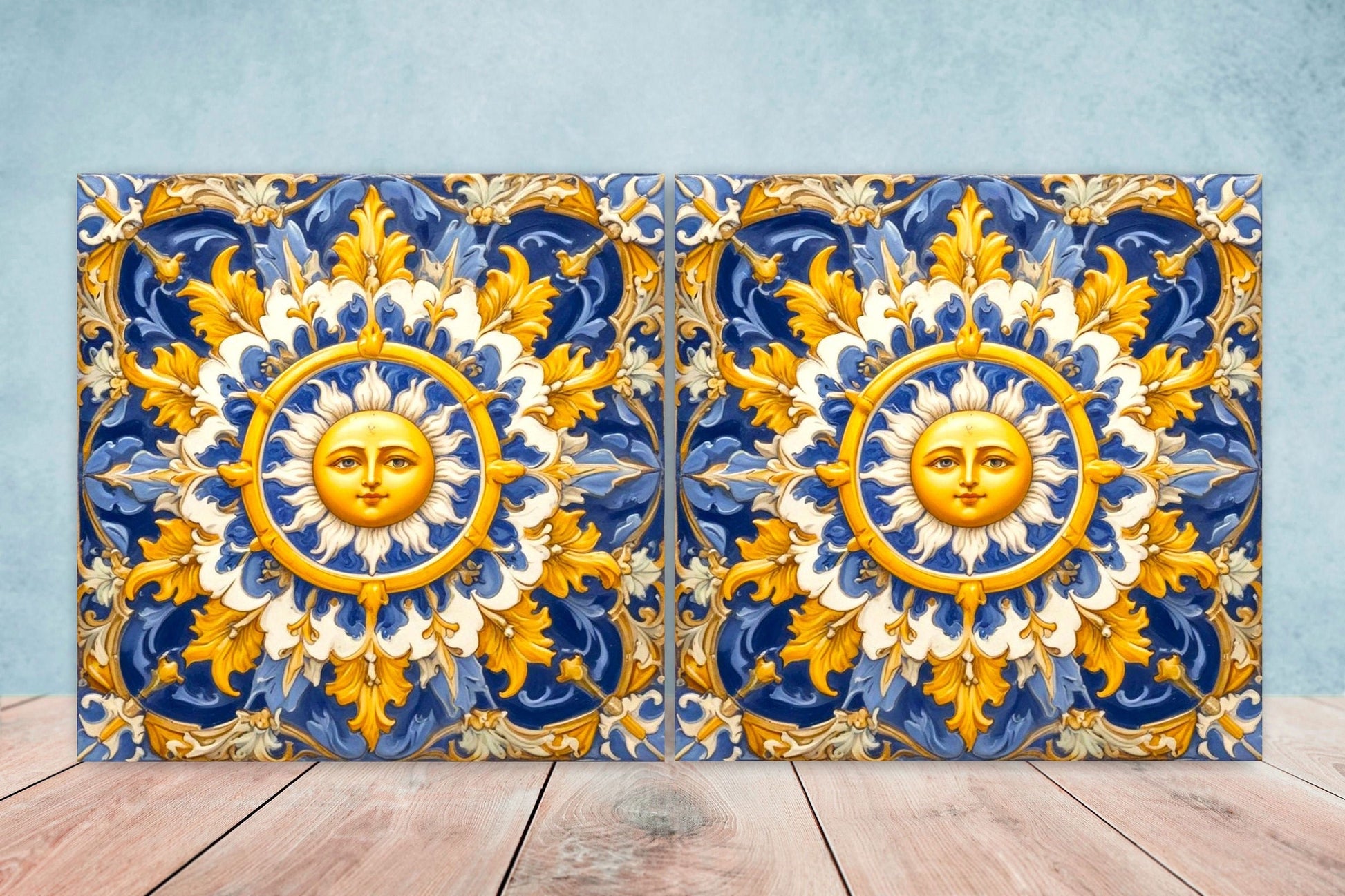 Italian Majolica Sun Tiles - Set of 2 Italian Wall Decor Tiles - Kitchen Backsplash Tiles, Table Decorative Tiles, Bathroom Tiles, Coaster