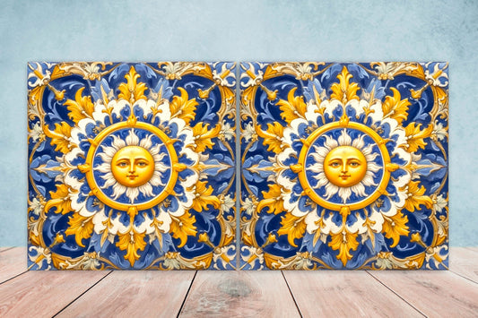 Italian Majolica Sun Tiles - Set of 2 Italian Wall Decor Tiles - Kitchen Backsplash Tiles, Table Decorative Tiles, Bathroom Tiles, Coaster
