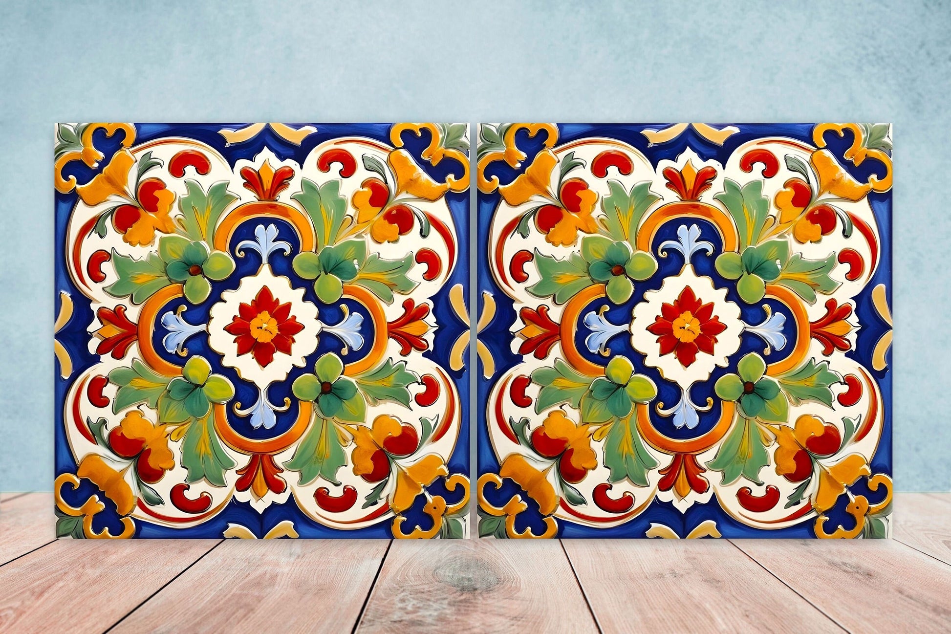 Italian Majolica Tiles - Set of 2 Sicilian Wall Decor Tiles - Kitchen Backsplash Tiles, Table Decorative Tiles, Bathroom Tiles, Coaster