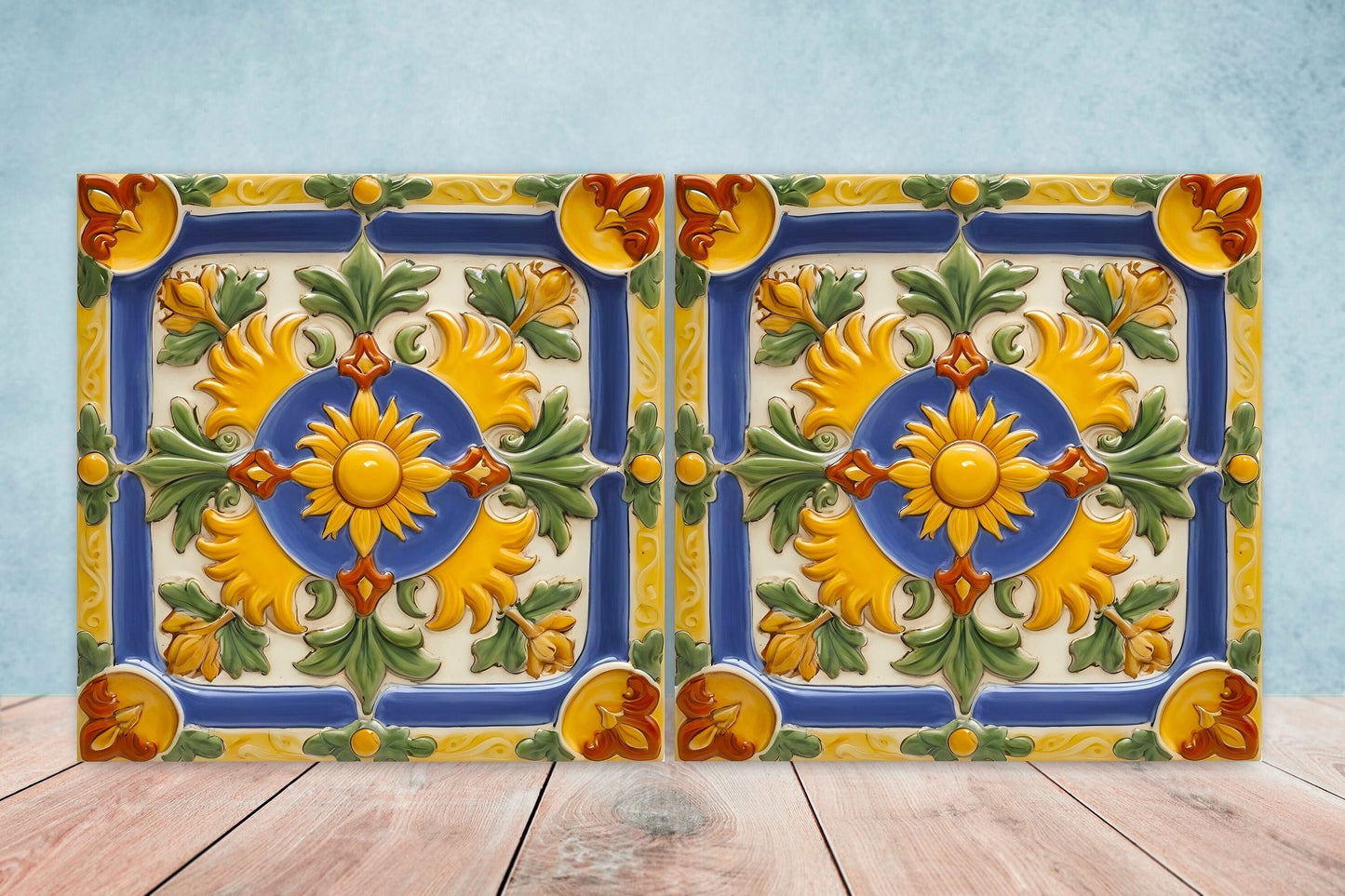 Italian Majolica Tiles - Set of 2 Sicilian Wall Decor Tiles - Kitchen Backsplash Tiles, Table Decorative Tiles, Bathroom Tiles, Coaster