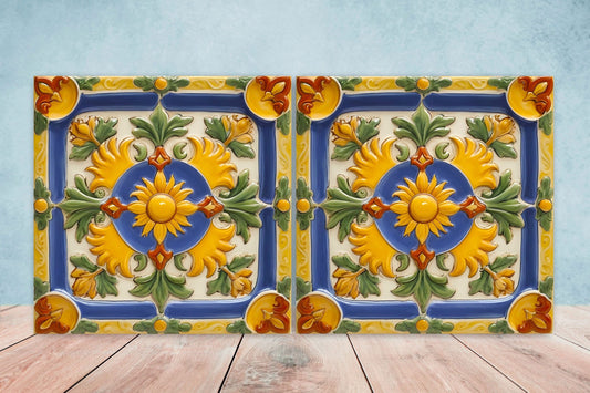 Italian Majolica Tiles - Set of 2 Sicilian Wall Decor Tiles - Kitchen Backsplash Tiles, Table Decorative Tiles, Bathroom Tiles, Coaster