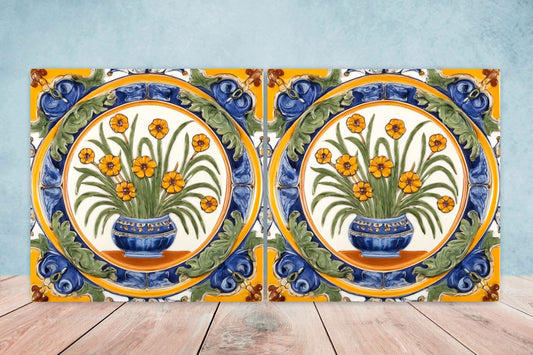 Italian Majolica Tiles - Set of 2 Sicilian Wall Decor Tiles - Kitchen Backsplash Tiles, Table Decorative Tiles, Bathroom Tiles, Coaster