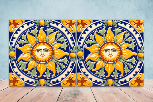 Italian Majolica Sun Tiles - Set of 2 Italian Wall Decor Tiles - Kitchen Backsplash Tiles, Table Decorative Tiles, Bathroom Tiles, Coaster