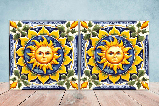 Italian Majolica Sun Tiles - Set of 2 Italian Wall Decor Tiles - Kitchen Backsplash Tiles, Table Decorative Tiles, Bathroom Tiles, Coaster