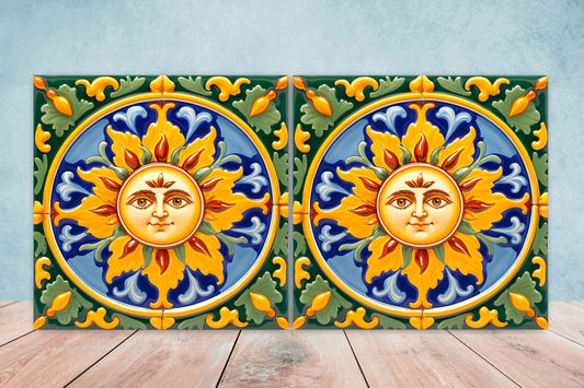 Italian Majolica Sun Tiles - Set of 2 Italian Wall Decor Tiles - Kitchen Backsplash Tiles, Table Decorative Tiles, Bathroom Tiles, Coaster