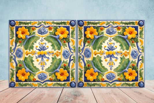 Italian Majolica Tiles - Set of 2 Sicilian Wall Decor Tiles - Kitchen Backsplash Tiles, Table Decorative Tiles, Bathroom Tiles, Coaster