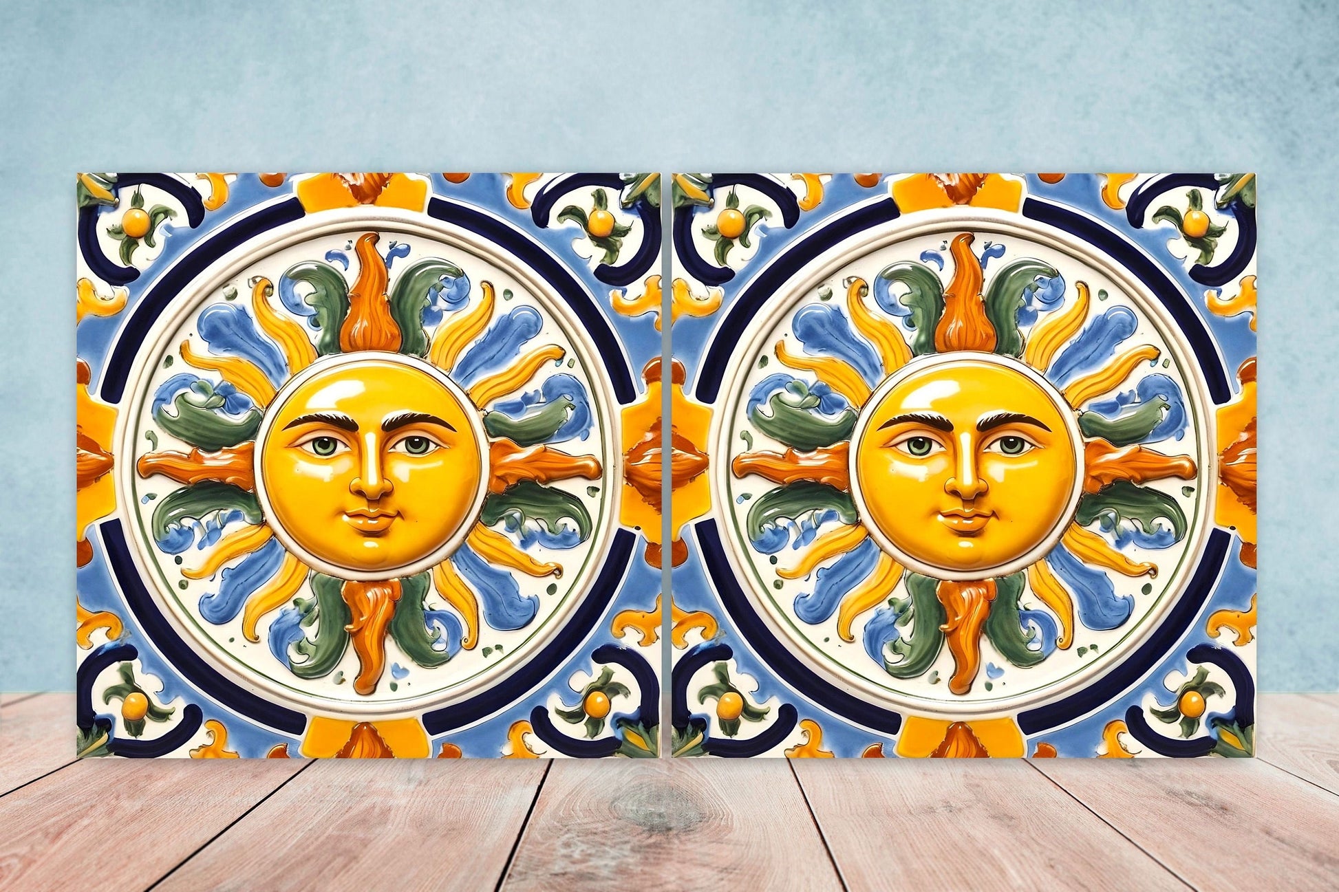 Italian Majolica Sun Tiles - Set of 2 Italian Wall Decor Tiles - Kitchen Backsplash Tiles, Table Decorative Tiles, Bathroom Tiles, Coaster