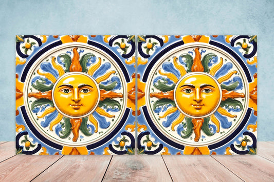Italian Majolica Sun Tiles - Set of 2 Italian Wall Decor Tiles - Kitchen Backsplash Tiles, Table Decorative Tiles, Bathroom Tiles, Coaster
