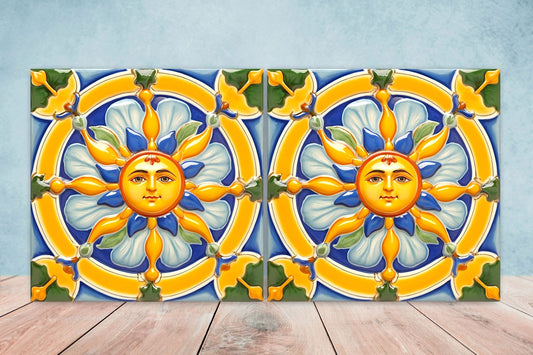Italian Majolica Sun Tiles - Set of 2 Italian Wall Decor Tiles - Kitchen Backsplash Tiles, Table Decorative Tiles, Bathroom Tiles, Coaster