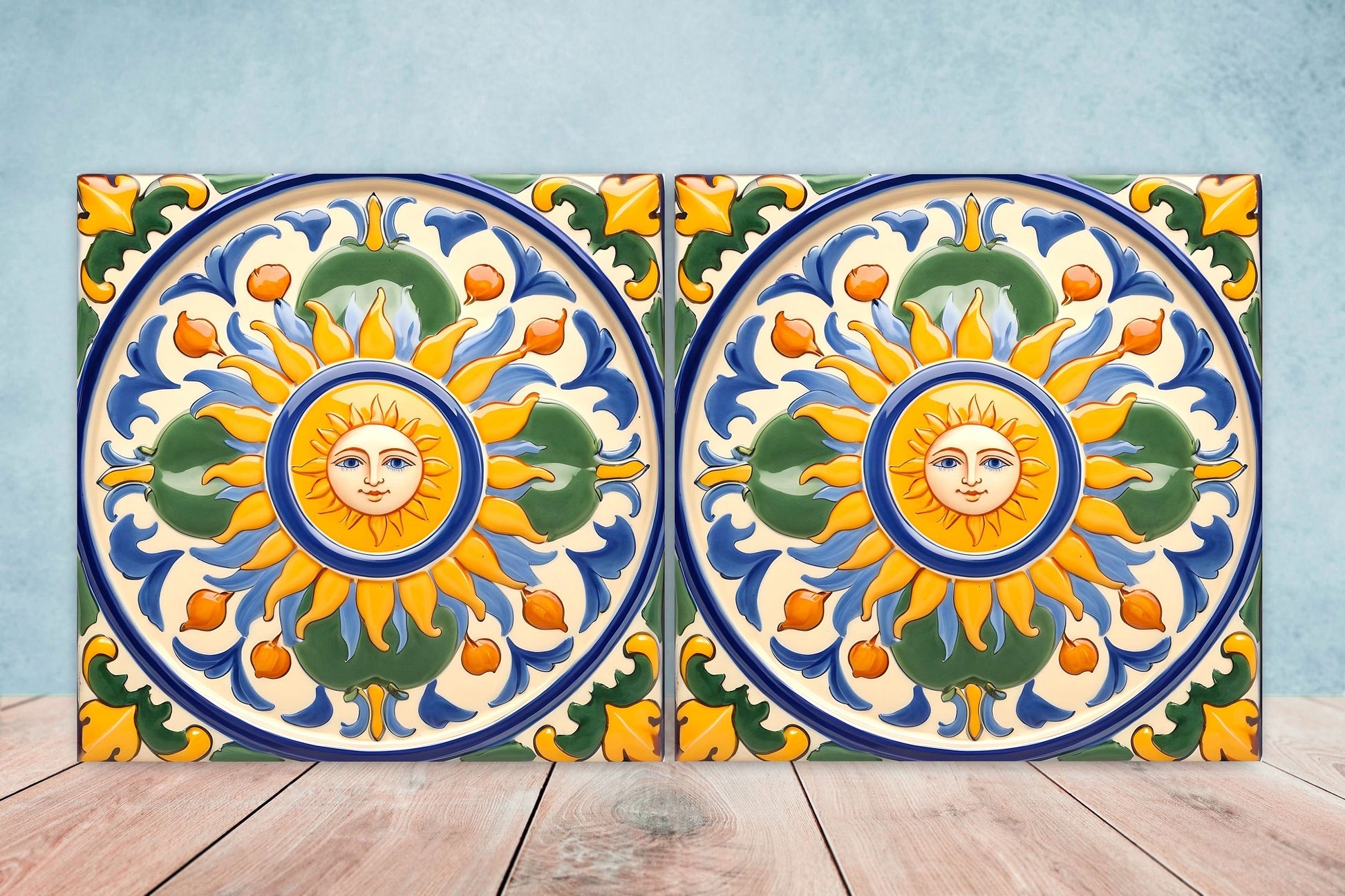 Italian Majolica Sun Tiles - Set of 2 Italian Wall Decor Tiles - Kitchen Backsplash Tiles, Table Decorative Tiles, Bathroom Tiles, Coaster