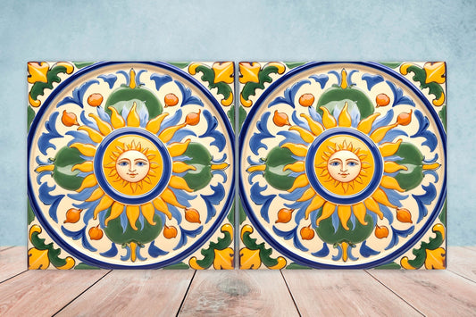 Italian Majolica Sun Tiles - Set of 2 Italian Wall Decor Tiles - Kitchen Backsplash Tiles, Table Decorative Tiles, Bathroom Tiles, Coaster