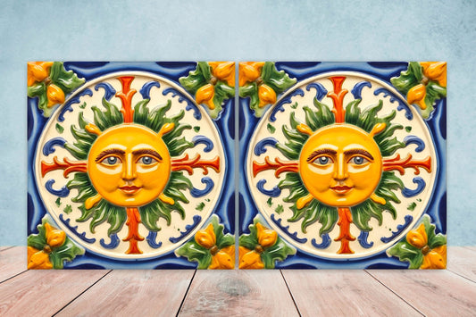 Italian Majolica Sun Tiles - Set of 2 Italian Wall Decor Tiles - Kitchen Backsplash Tiles, Table Decorative Tiles, Bathroom Tiles, Coaster
