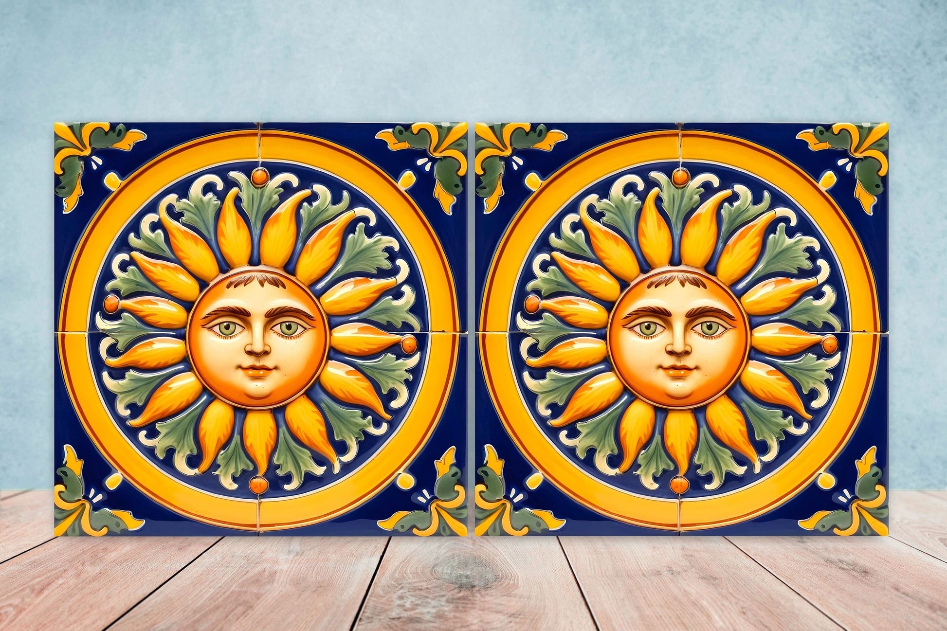 Italian Majolica Sun Tiles - Set of 2 Italian Wall Decor Tiles - Kitchen Backsplash Tiles, Table Decorative Tiles, Bathroom Tiles, Coaster