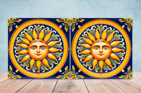 Italian Majolica Sun Tiles - Set of 2 Italian Wall Decor Tiles - Kitchen Backsplash Tiles, Table Decorative Tiles, Bathroom Tiles, Coaster