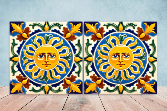 Italian Majolica Sun Tiles - Set of 2 Italian Wall Decor Tiles - Kitchen Backsplash Tiles, Table Decorative Tiles, Bathroom Tiles, Coaster