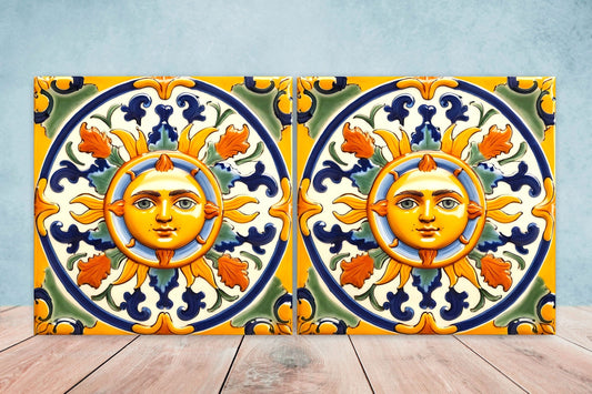 Italian Majolica Sun Tiles - Set of 2 Italian Wall Decor Tiles - Kitchen Backsplash Tiles, Table Decorative Tiles, Bathroom Tiles, Coaster