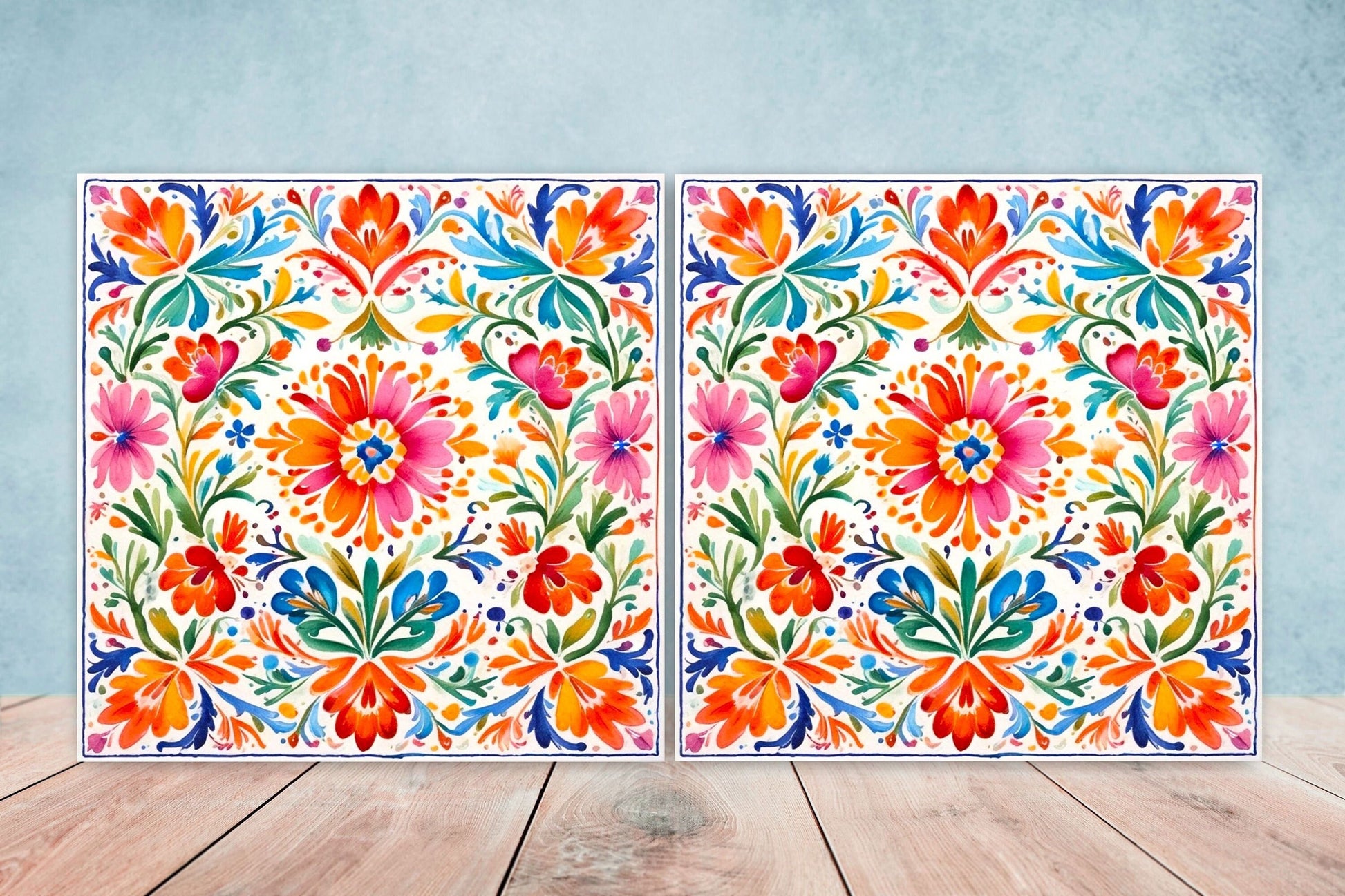 Mexican Ceramic tiles - Set of 2 Mexican Folk design Wall Decor Tiles, Flower Tiles, Kitchen Backsplash Tiles, Bathroom Tiles