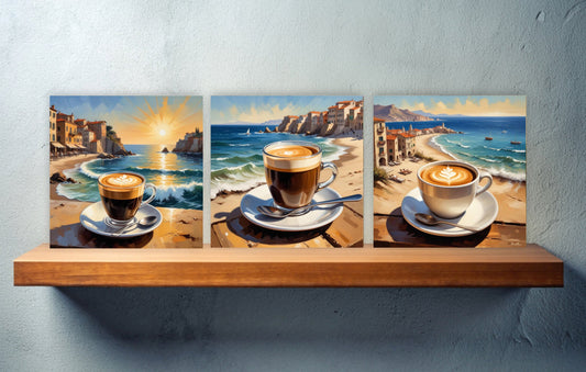 Italian Majolica Espresso coffee Tiles - Set of 3 Italian Wall Decor Tiles - Kitchen Backsplash Tiles, Table Decorative Tiles, Shower Tiles