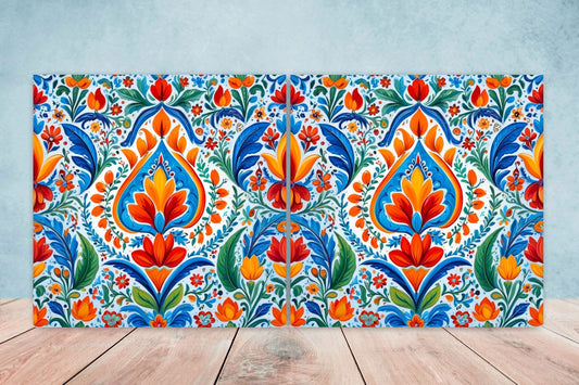 Mexican Ceramic tiles - Set of 2 Mexican Folk design Wall Decor Tiles, Flower Tiles, Floral Print - Kitchen Backsplash Tiles, Bathroom Tiles