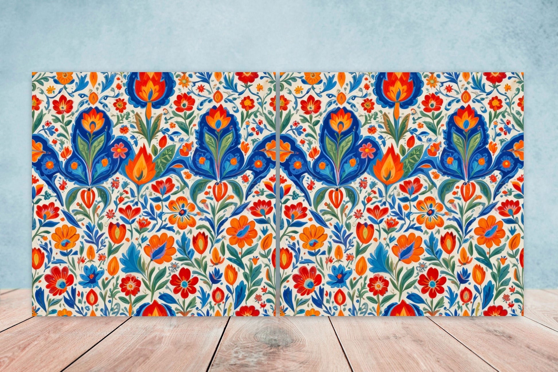 Mexican Ceramic tiles - Set of 2 Mexican Folk design Wall Decor Tiles, Flower Tiles, Floral Print - Kitchen Backsplash Tiles, Bathroom Tiles