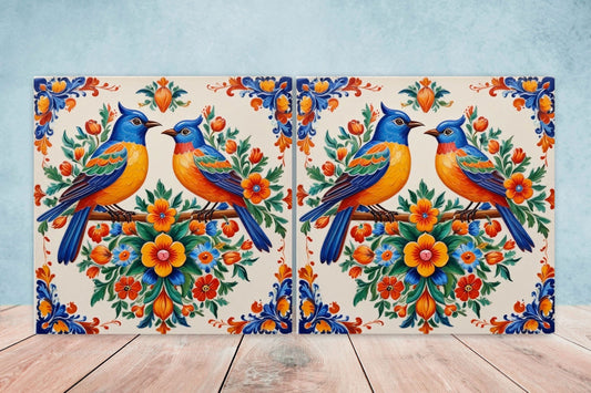 Mexican Ceramic tiles - Set of 2 Mexican Folk design Wall Decor Tiles, Bird Tiles, Birds Print - Kitchen Backsplash Tiles, Bathroom Tiles