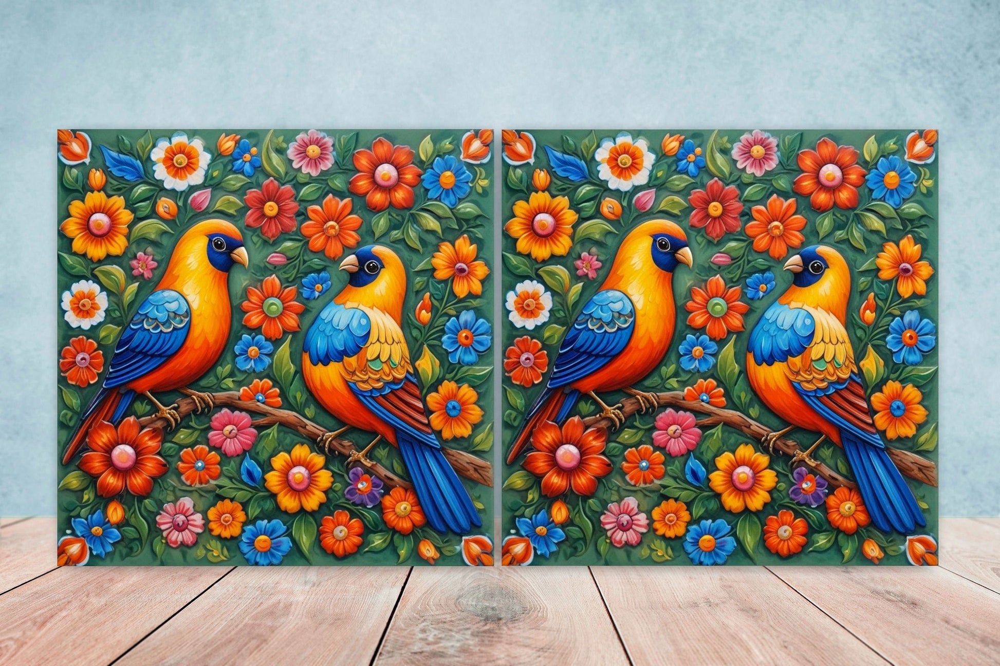 Mexican Ceramic tiles - Set of 2 Mexican Folk design Wall Decor Tiles, Bird Tiles, Birds Print - Kitchen Backsplash Tiles, Bathroom Tiles