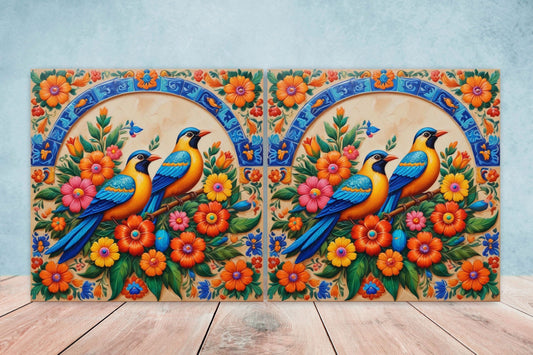 Mexican Ceramic tiles - Set of 2 Mexican Folk design Wall Decor Tiles, Bird Tiles, Birds Print - Kitchen Backsplash Tiles, Bathroom Tiles