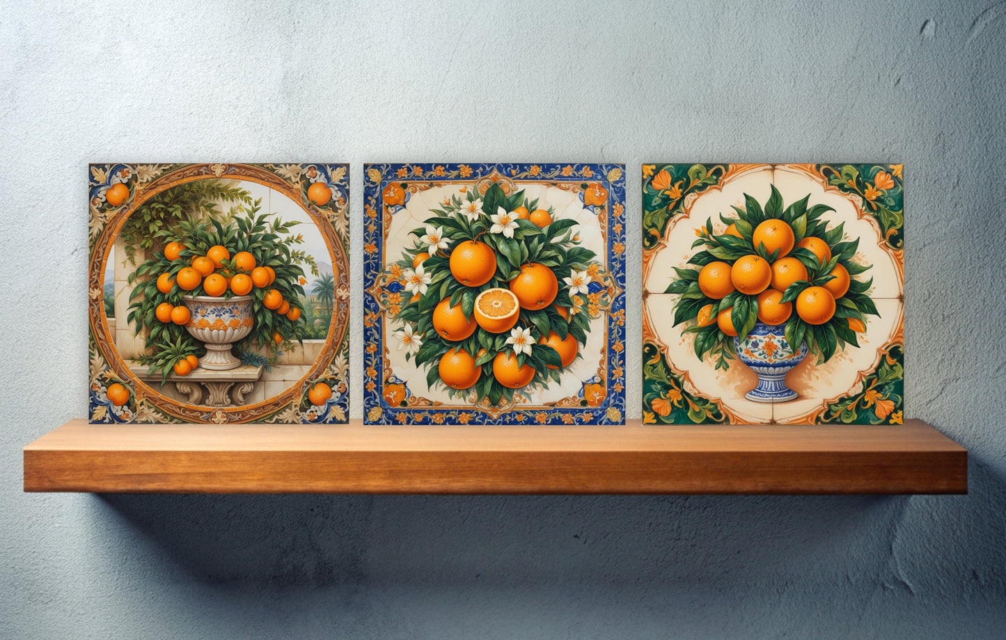 Italian Majolica Oranges Tiles -Set of 3 Italian Wall Decor Tiles -Kitchen Backsplash Tiles, Table Decorative Tiles, Bathroom Tiles, Coaster