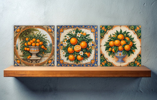 Italian Majolica Oranges Tiles -Set of 3 Italian Wall Decor Tiles -Kitchen Backsplash Tiles, Table Decorative Tiles, Bathroom Tiles, Coaster