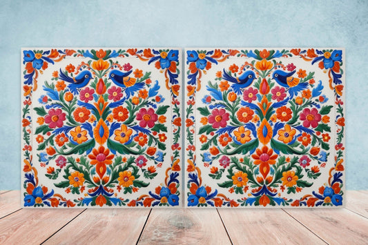 Mexican Ceramic tiles - Set of 2 Mexican Folk design Wall Decor Tiles, Bird Tiles, Birds Print - Kitchen Backsplash Tiles, Bathroom Tiles