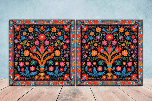 Mexican Ceramic tiles - Set of 2 Mexican Folk design Wall Decor Tiles, Flower Tiles, Floral Print - Kitchen Backsplash Tiles, Bathroom Tiles