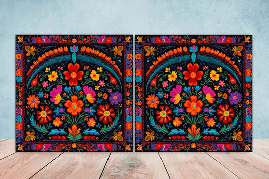Mexican Ceramic tiles - Set of 2 Mexican Folk design Wall Decor Tiles, Flower Tiles, Floral Print - Kitchen Backsplash Tiles, Bathroom Tiles