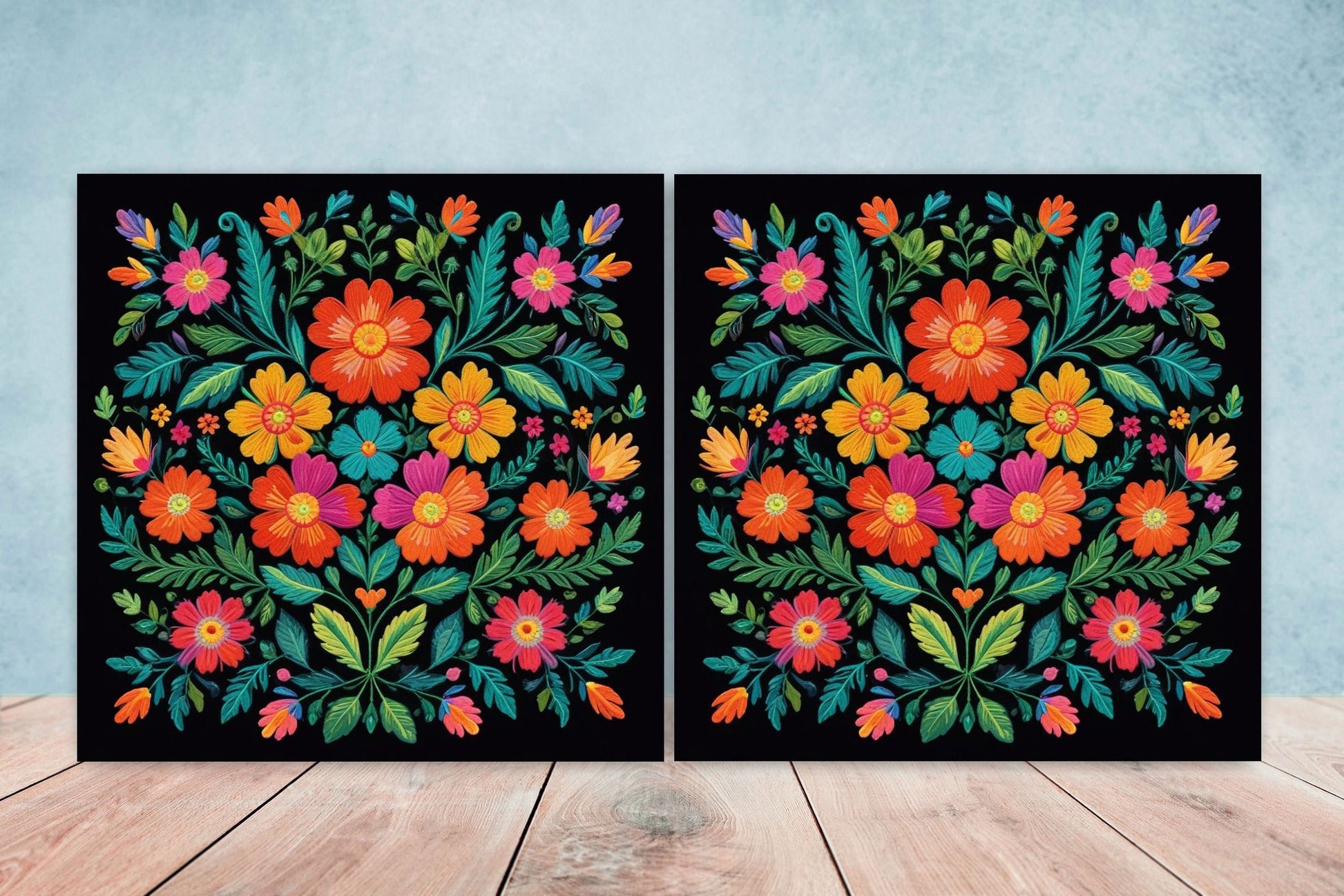 Mexican Ceramic tiles - Set of 2 Mexican Folk design Wall Decor Tiles, Flower Tiles, Floral Print - Kitchen Backsplash Tiles, Bathroom Tiles