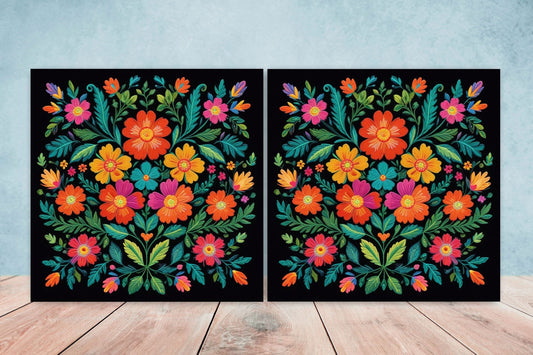 Mexican Ceramic tiles - Set of 2 Mexican Folk design Wall Decor Tiles, Flower Tiles, Floral Print - Kitchen Backsplash Tiles, Bathroom Tiles