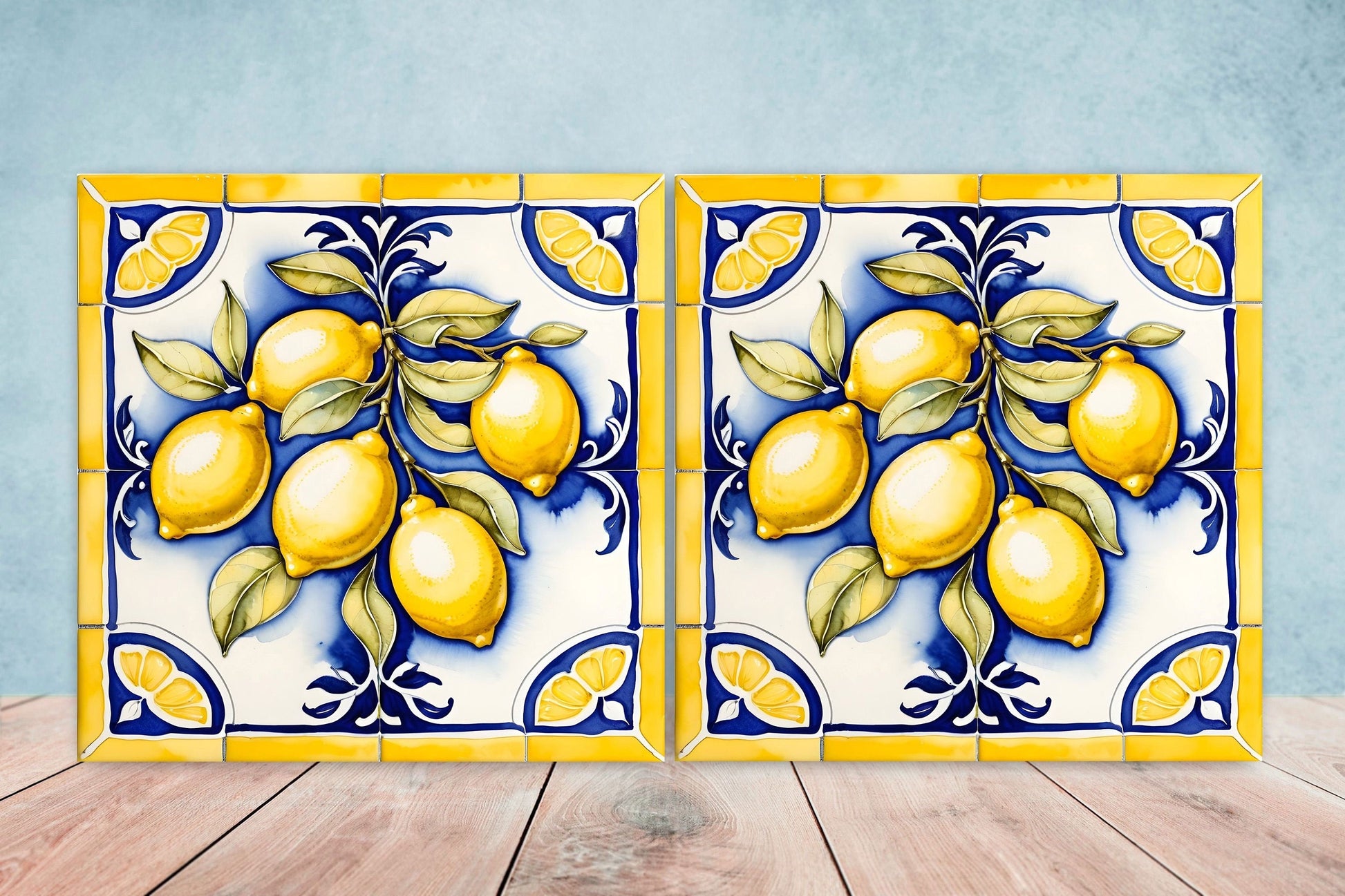 Italian Majolica Lemon Tiles - Set of 2 Italian Wall Decor Tiles - Kitchen Backsplash Tiles, Table Decorative Tiles, Bathroom Tiles, Coaster