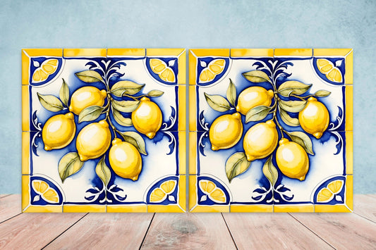 Italian Majolica Lemon Tiles - Set of 2 Italian Wall Decor Tiles - Kitchen Backsplash Tiles, Table Decorative Tiles, Bathroom Tiles, Coaster