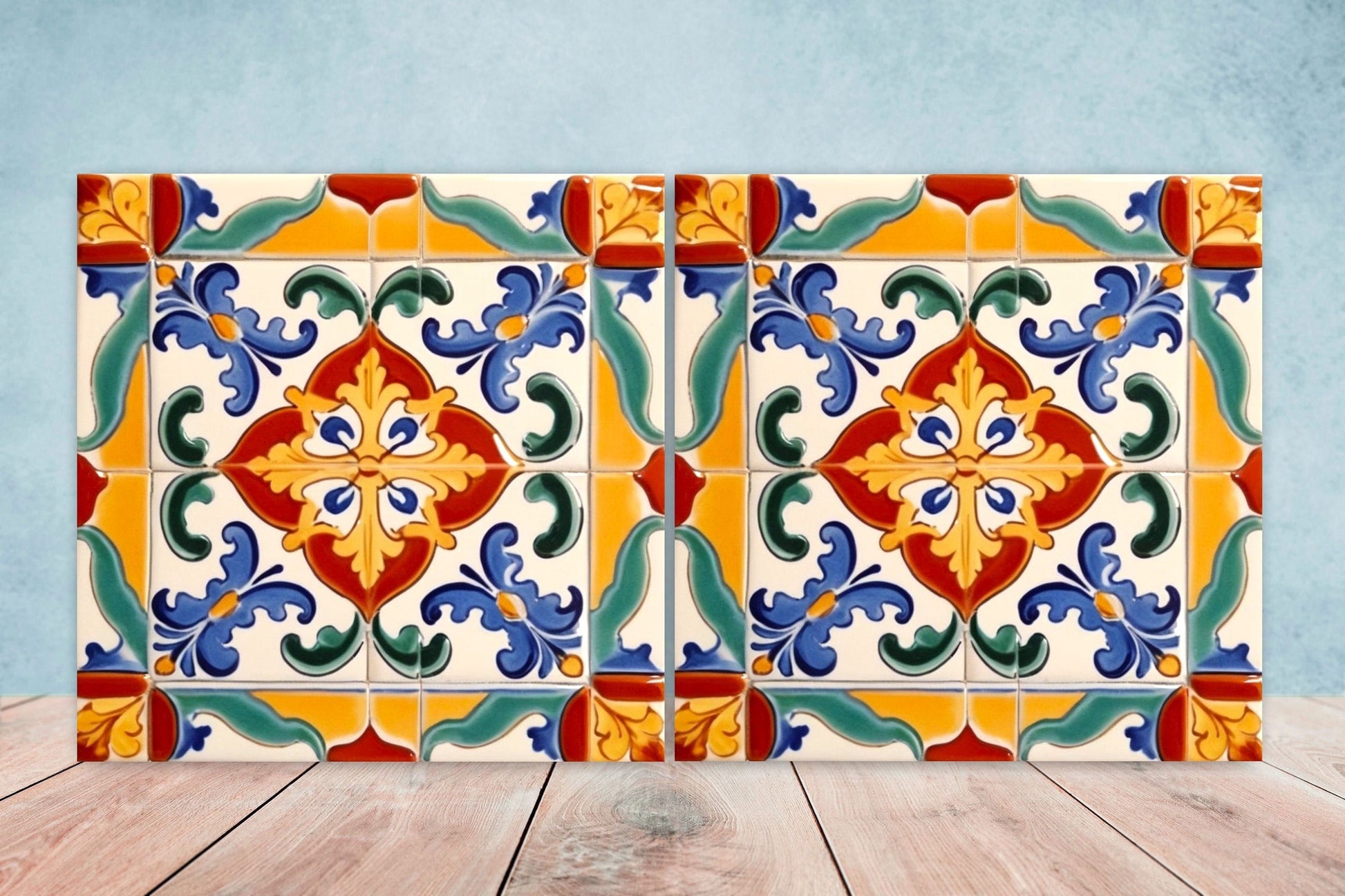 Spanish Ceramic Flower Tiles - Set of 2 Spanish Wall Decor Tiles - Kitchen Backsplash Tiles, Table Decorative Tiles, Bathroom Tiles, Coaster