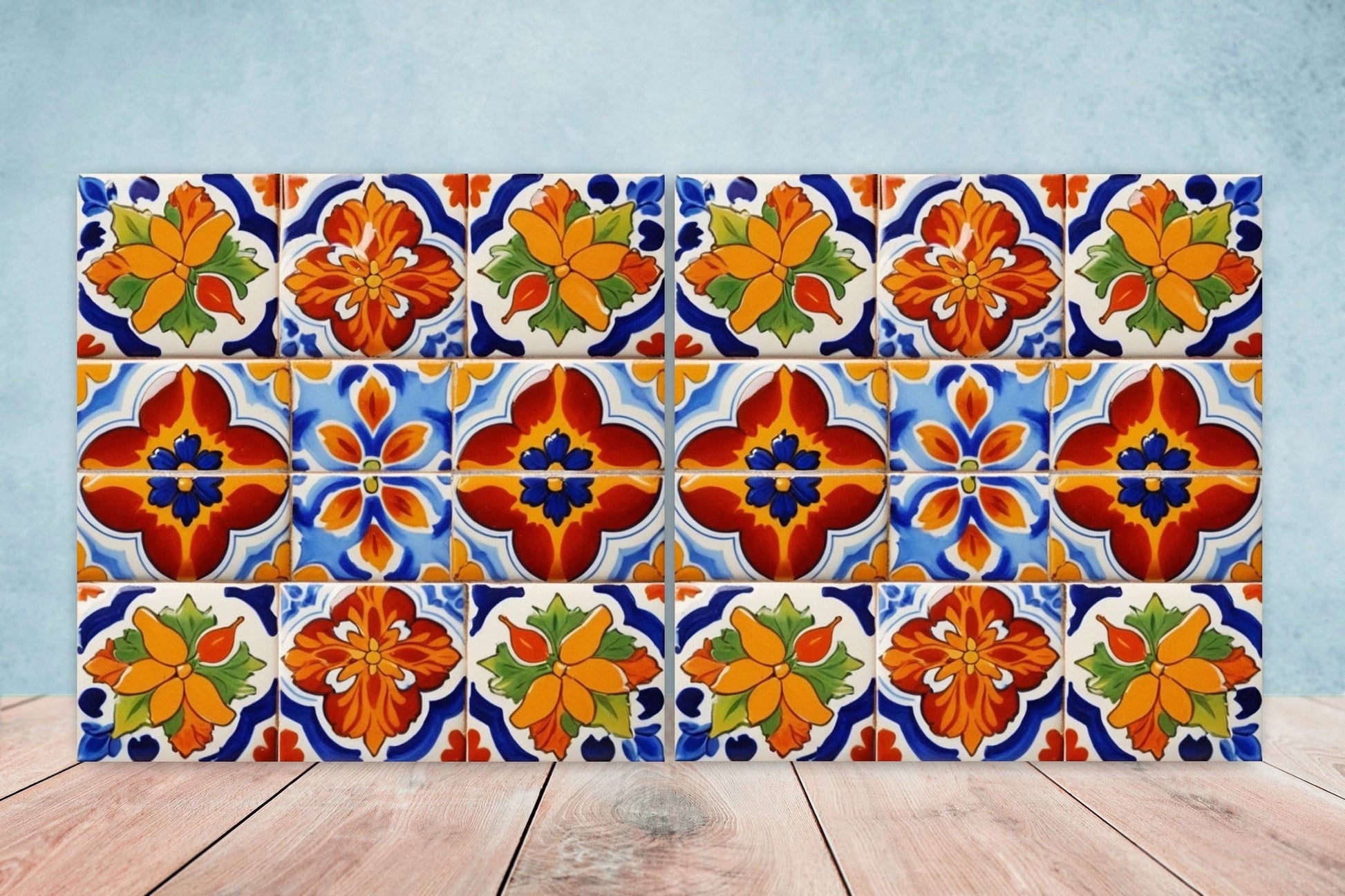 Spanish Ceramic Flower Tiles - Set of 2 Spanish Wall Decor Tiles - Kitchen Backsplash Tiles, Table Decorative Tiles, Bathroom Tiles, Coaster