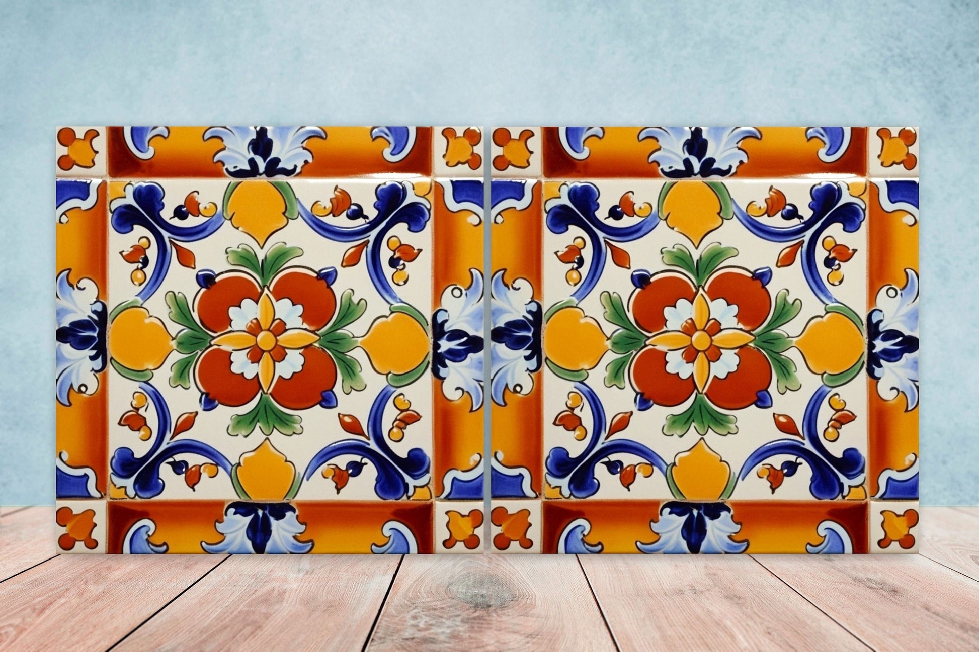 Spanish Ceramic Flower Tiles - Set of 2 Spanish Wall Decor Tiles - Kitchen Backsplash Tiles, Table Decorative Tiles, Bathroom Tiles, Coaster